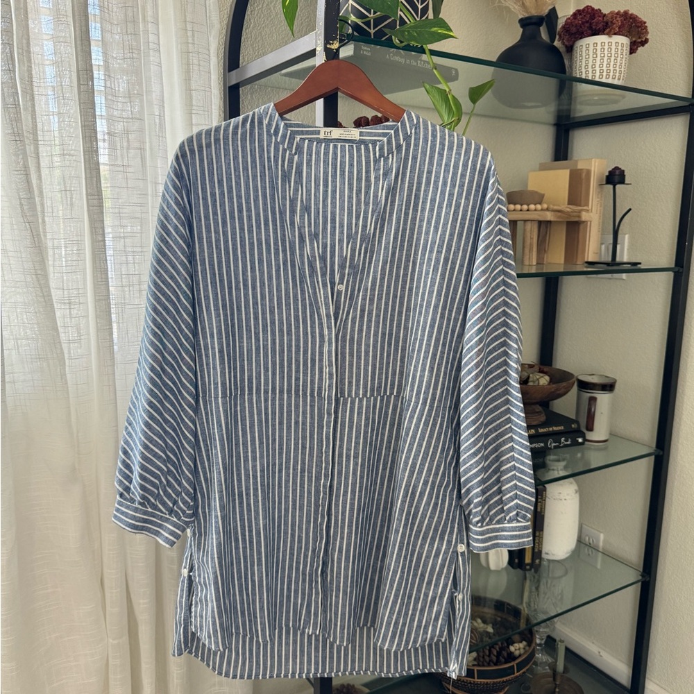 Zara trf linen blend striped shirt dress blue white small S